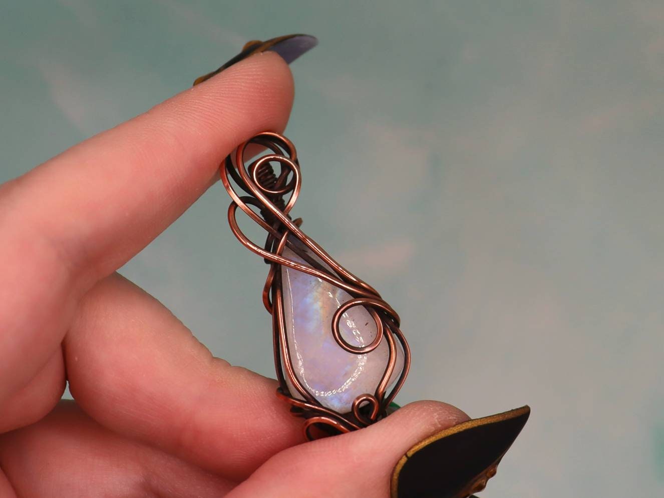 Rainbow Moonstone Copper Pendant- Simple Wire Wrapped Pendant made with  Moonstone- Darkened Copper Jewelry- Metaphysical Traits Gemstone
