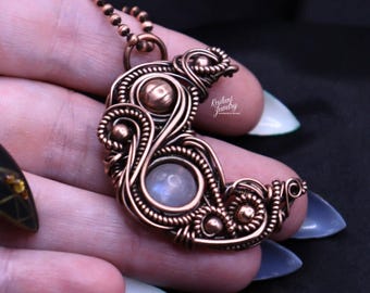 Moonstone Wire Wrapped Crescent Moon- Custom Made in  Copper or Gold