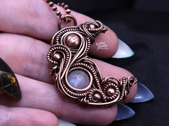 Moonstone Wire Wrapped Crescent Moon- Custom Made in  Copper or Gold