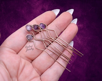 Mini Amethyst Hair Pins- Rustic Copper Wire Wrapped Hair Accessories- Purple Crystal Hair Jewelry - Bridal Hair - Casual Up Do Hair Pin
