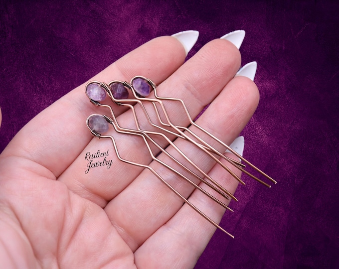 Mini Amethyst Hair Pins- Rustic Copper Wire Wrapped Hair Accessories- Purple Crystal Hair Jewelry - Bridal Hair - Casual Up Do Hair Pin