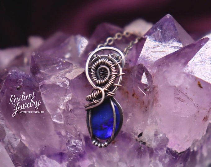 Blue Opal Sterling Silver Wire Wrapped Pendant - Australian Doublet Necklace Handmade - Crystal Jewelry Gift