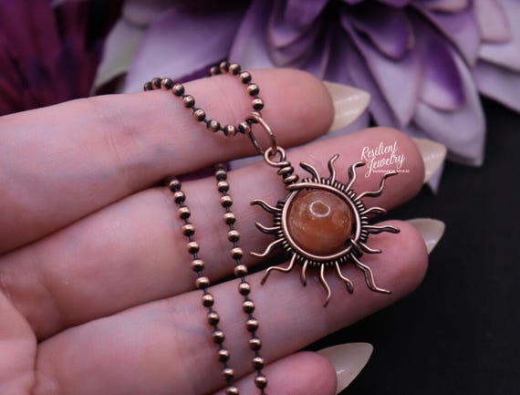 Handmade Sunstone Sun Pendant Necklace – Copper Wire Wrapped Crystal