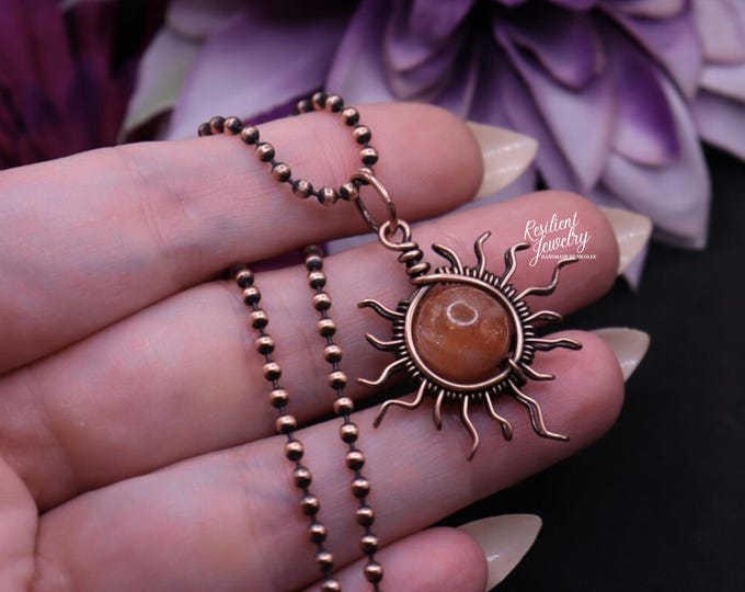 Handmade Sunstone Copper Sun Pendant Necklace - Radiant Wire Wrapped Crystal Jewelry - Summer Gifts for Friends - Beach Vacation Accessories