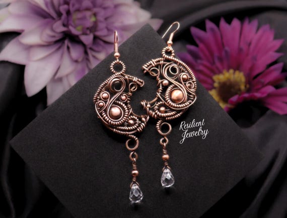 XL Copper Crescent Moon Earrings: Quartz Crystal Drops, Witchy Boho