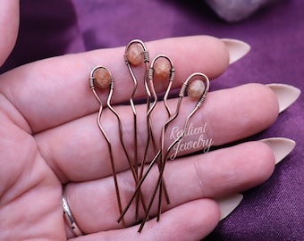 Handcrafted Sunstone Mini Hair Pins – Raw Copper and Genuine Sunstone Crystals – Boho Hair Accessories for Everyday or Special Occasions