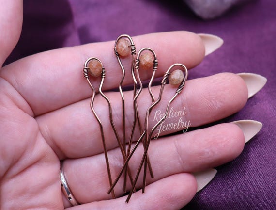 Handcrafted Sunstone Hair Pins – Raw Copper Boho Hair Accessories