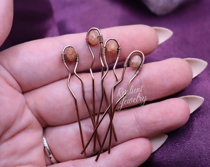 Handcrafted Sunstone Mini Hair Pins – Raw Copper and Genuine Sunstone Crystals – Boho Hair Accessories for Everyday or Special Occasions
