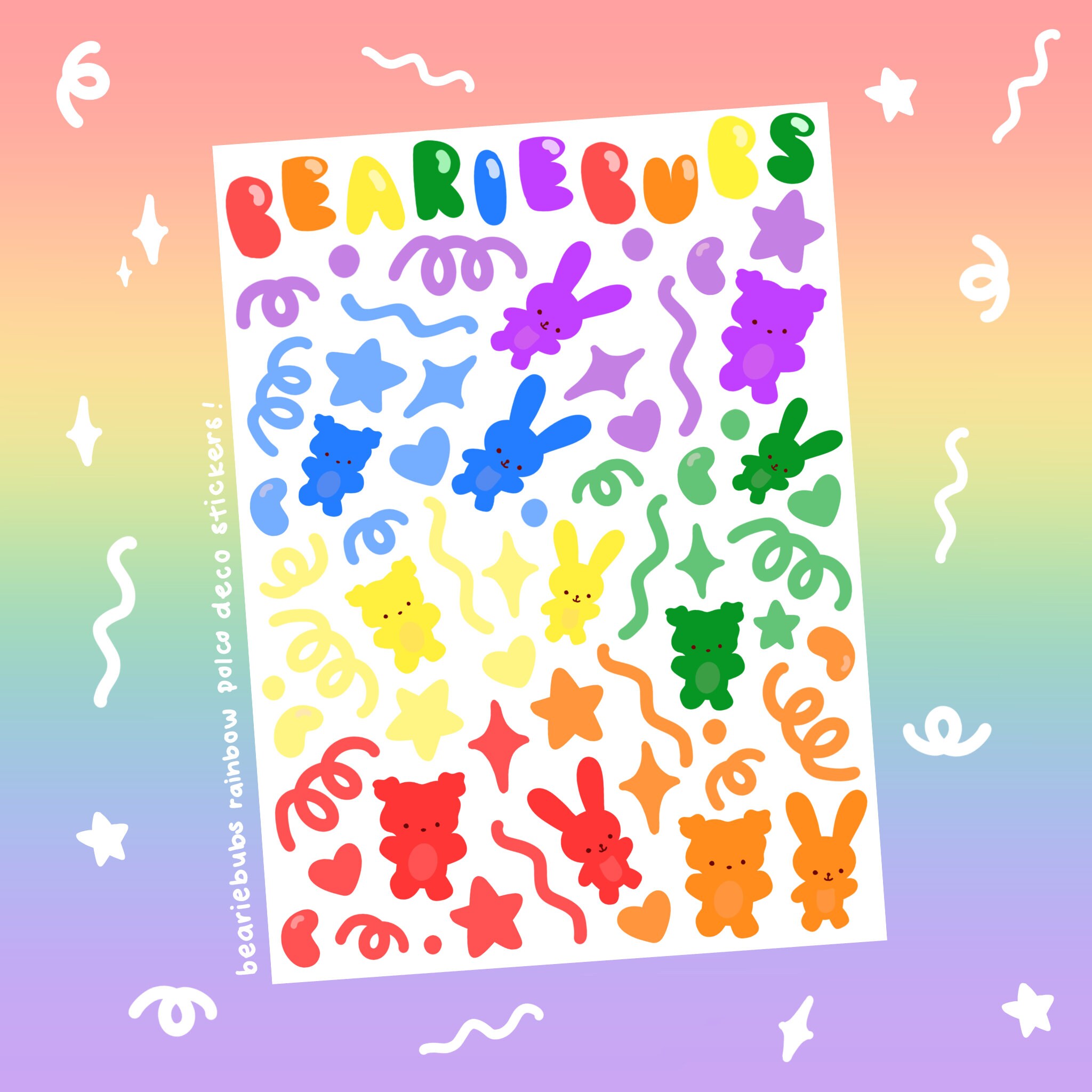 Rainbow Polco Deco Sticker Sheet: Bear, Bunny, Stars, Confetti, Deco