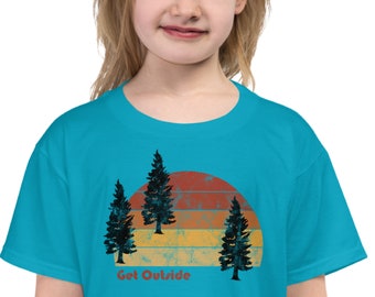 Girls, Boys, 70's, Vintage, Worn Style, Get Outside, Camping Sunset and Trees Outdoor Graphic Tee