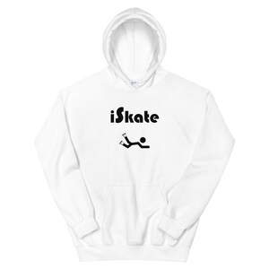 May include: White hooded sweatshirt with the text "iSkate" and a stick figure falling on their back while wearing roller skates.