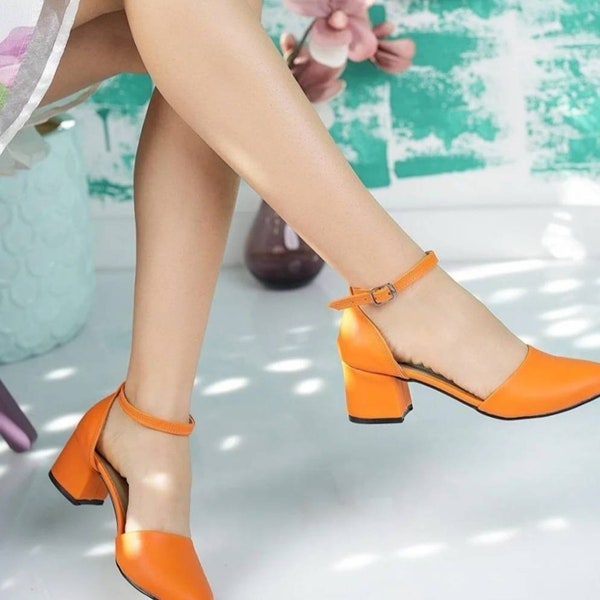 Orange low heel women shoes.. wegan leather shoes ..strap women shoes