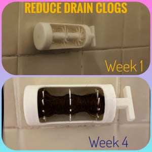 May include: Two images showing a white cylindrical drain protector. The top image, labeled "Week 1", shows the protector with minimal hair. The bottom image, labeled "Week 4", shows the protector filled with hair. Text at the top reads "REDUCE DRAIN CLOGS".