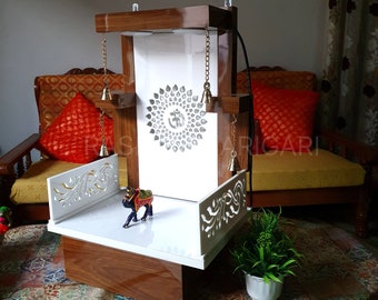 LED-Lichtstempel aus Holz | Home & Office Puja Mandir | Pooja Mandir für Zuhause USA | Mandir für Hausstempel | Indischer Mandir mit Lagerung