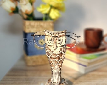 Handcrafted Wooden Owl Eyeglass Holder: Desk Decor