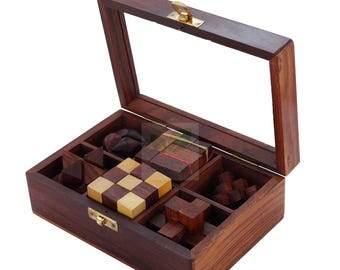 Handcrafted Wooden Brain Teaser Puzzle Set: 6-in-1 IQ Game Made in INDIA
