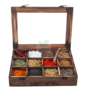 Handmade Mango Wood Masala Dabba: Indian Spice Box with Glass Top