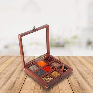Sheesham Wood 9 Containers Spice Box with Spoon - Wooden Masala Box Set for Kitchen masala Dani Dabba - wooden Spice Holder &quot;Made In India&quot;