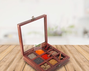 Sheesham Wood Spice Box: 9-Container Masala Dabba with Spoon