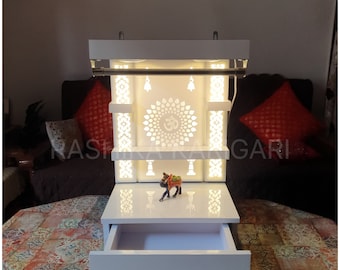 Holzstempel mit LED-Licht Haus und Büro Mandir, Mandir mit Vorhang | Pooja Mandir für Zuhause | Mandir für Hausstempel | pooja mandir usa