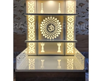 RashikaKarigari Holzstempel mit Türen und LED-Licht Haus und Büro Mandir | Puja Mandir für Zuhause | Puja Ghar | Spiritueller Schrein | Mandir