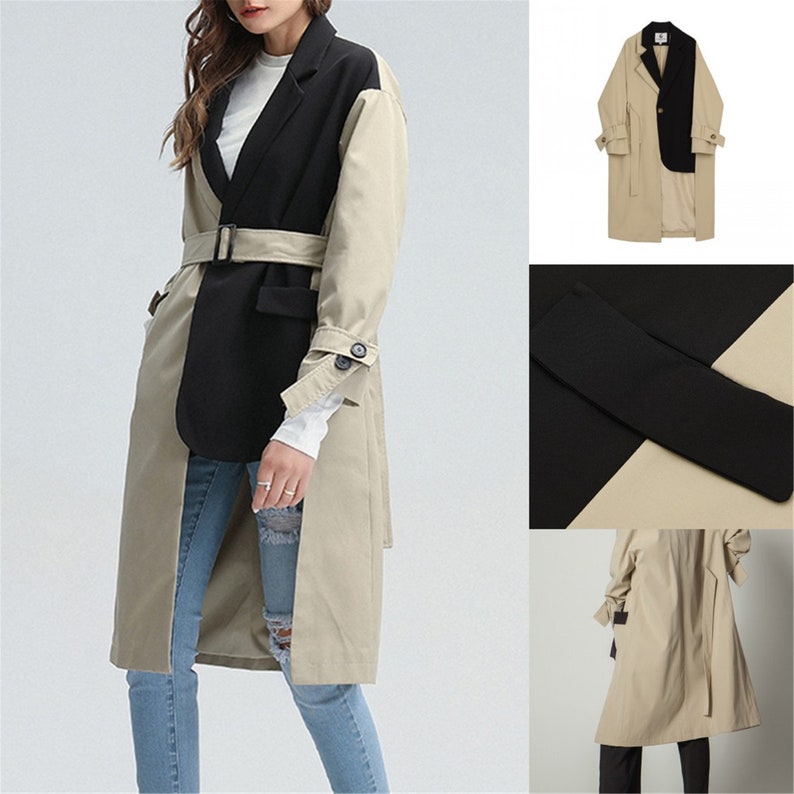 Coat For WomenFrenchElegant Women/'s SuitSuit For WomenSuit collar spliced leather windbreaker khaki coat coatVintage dress with belt
