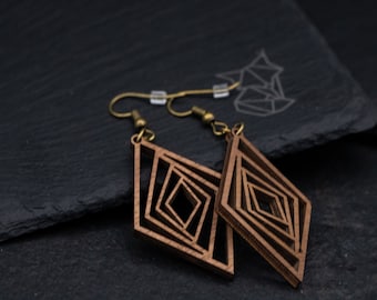 Diamond, Geometric, Earrings, Wood, Laser cut, Handmade, Wooden jewelry