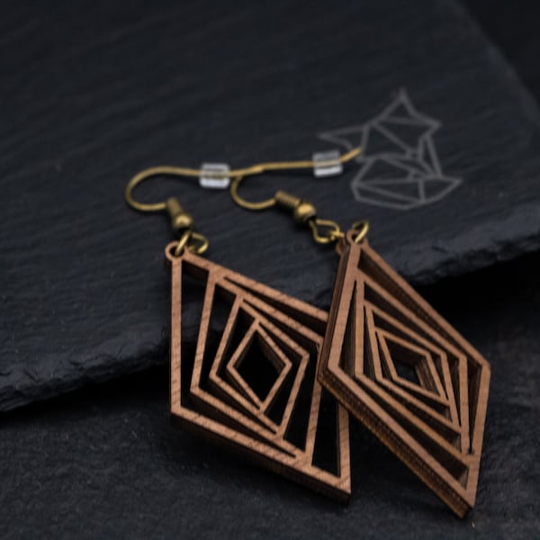 Raute, Geometric,  Ohrringe, Holz, Laser cut, Handmade, Holzschmuck