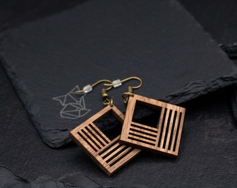 Square earrings, wood, laser cut, handmade, wooden jewelry