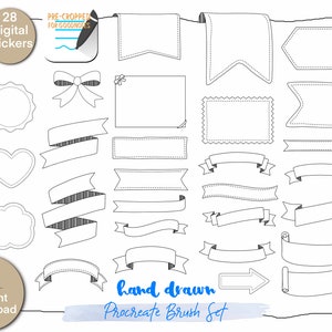 Puede incluir: Un conjunto de 28 pegatinas digitales dibujadas a mano para Procreate. Las pegatinas son en blanco y negro e incluyen varias formas, como pancartas, cintas, corazones y estrellas. El texto "hand drawn Procreate Brush Set" está escrito en azul en la parte inferior de la imagen.