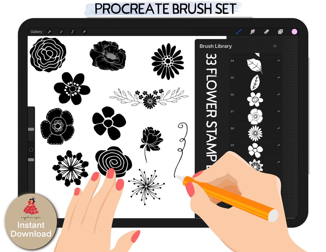 33 Hand Drawn Modern Floral Procreate Stamp Brushes,digital Flower ...