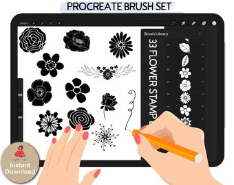 33 pinceles de sellos florales modernos dibujados a mano para Procreate, conjunto de ilustración digital de sellos florales, sellos decorativos, pinceles para Procreate, sellos botánicos