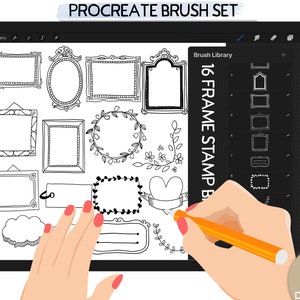 Puede incluir: Una ilustración digital de 16 pinceles de sello de marco diferentes para Procreate. Los pinceles se muestran en un esquema de color blanco y negro y están dispuestos en una cuadrícula en la pantalla de una tableta digital. El texto "Brush Library" y "16 Frame Stamp Brushes" es visible en la pantalla.