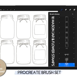 10 Mason Jar procreate stamp brushes, mason jar stamps, bouquet stamp, procreate stamp brushes - Instant Download, Procreate app only