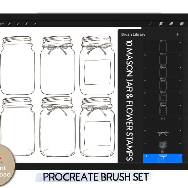 10 Mason Jar procreate stamp brushes, mason jar stamps, bouquet stamp, procreate stamp brushes - Instant Download, Procreate app only