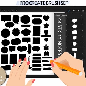 44 Sticky notes, decorative labels,speech bubbles, stationery & washi procreate stamp brushes for planner,bujo,cards, Procreate app only