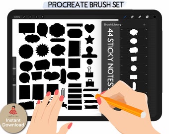 44 Sticky notes, decorative labels,speech bubbles, stationery & washi procreate stamp brushes for planner,bujo,cards, Procreate app only