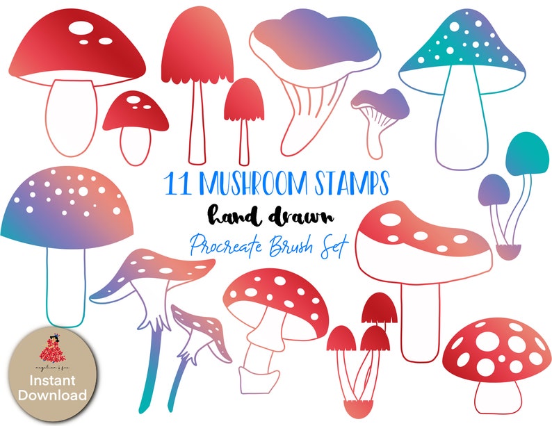 11 Mushrooms Procreate Stamp Brushes, Mushroom Stamp Brushes - Instant ...
