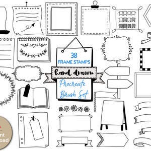 Puede incluir: Un conjunto de 38 sellos de marco dibujados a mano para Procreate, que presentan una variedad de formas, tamaños y estilos. Los sellos son en blanco y negro e incluyen una variedad de elementos decorativos, como cintas, flechas y flores.