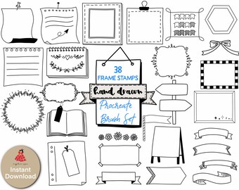 May include: A set of 38 hand-drawn frame stamps for Procreate, featuring a variety of shapes, sizes, and styles. The stamps are black and white and include a variety of decorative elements, such as ribbons, arrows, and flowers.