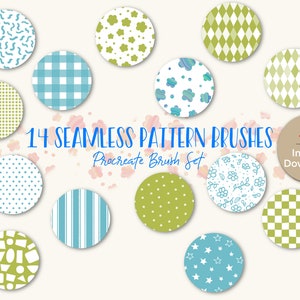 May include: A set of 14 seamless pattern brushes for Procreate. The brushes feature a variety of patterns, including polka dots, stripes, gingham, and geometric designs. The patterns are in shades of blue, green, and white.