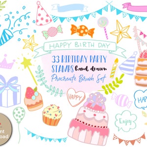 33 Procreate Decorative Birthday Party Stamp Brushes, Birthday cakes,Bunting,Balloons,Candy,Candle Procreate Stamp Illustrations
