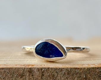 Handmade Sterling Silver Sea Glass Ring - UK Size P, Hammered Band