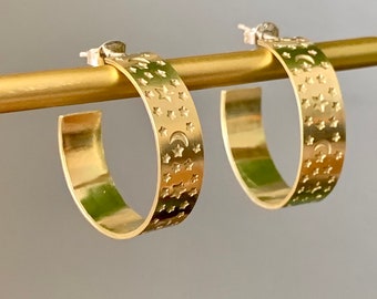 Chunky gold hoops, Moon and star hoops, Brass earrings, Big hoops, Gold jewellery, Hypoallergenic earrings, Big hoops