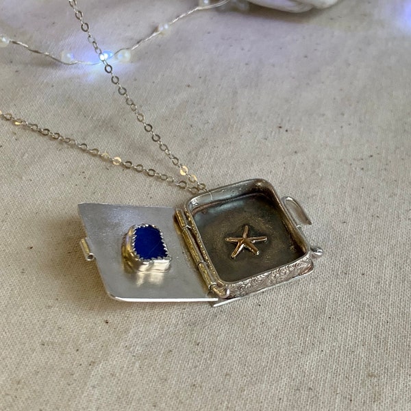 Seaglass Locket pendant, Sea themed locket, Sterling Silver locket, Handcrafted locket pendant, Anchor necklace, Blue se glass