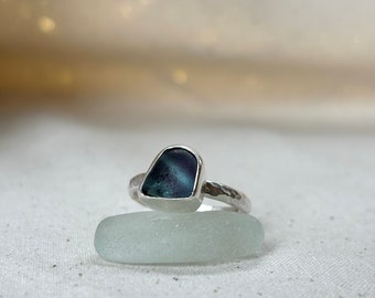 Unique sea glass ring, Adjustable ring, Purple sea glass, Silver ring, Gift for her, Statement silver ring