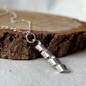 Puede incluir: Un collar de plata con un colgante en espiral. El colgante está hecho de múltiples bandas de plata que están retorcidas juntas. El collar está sobre una superficie de madera.