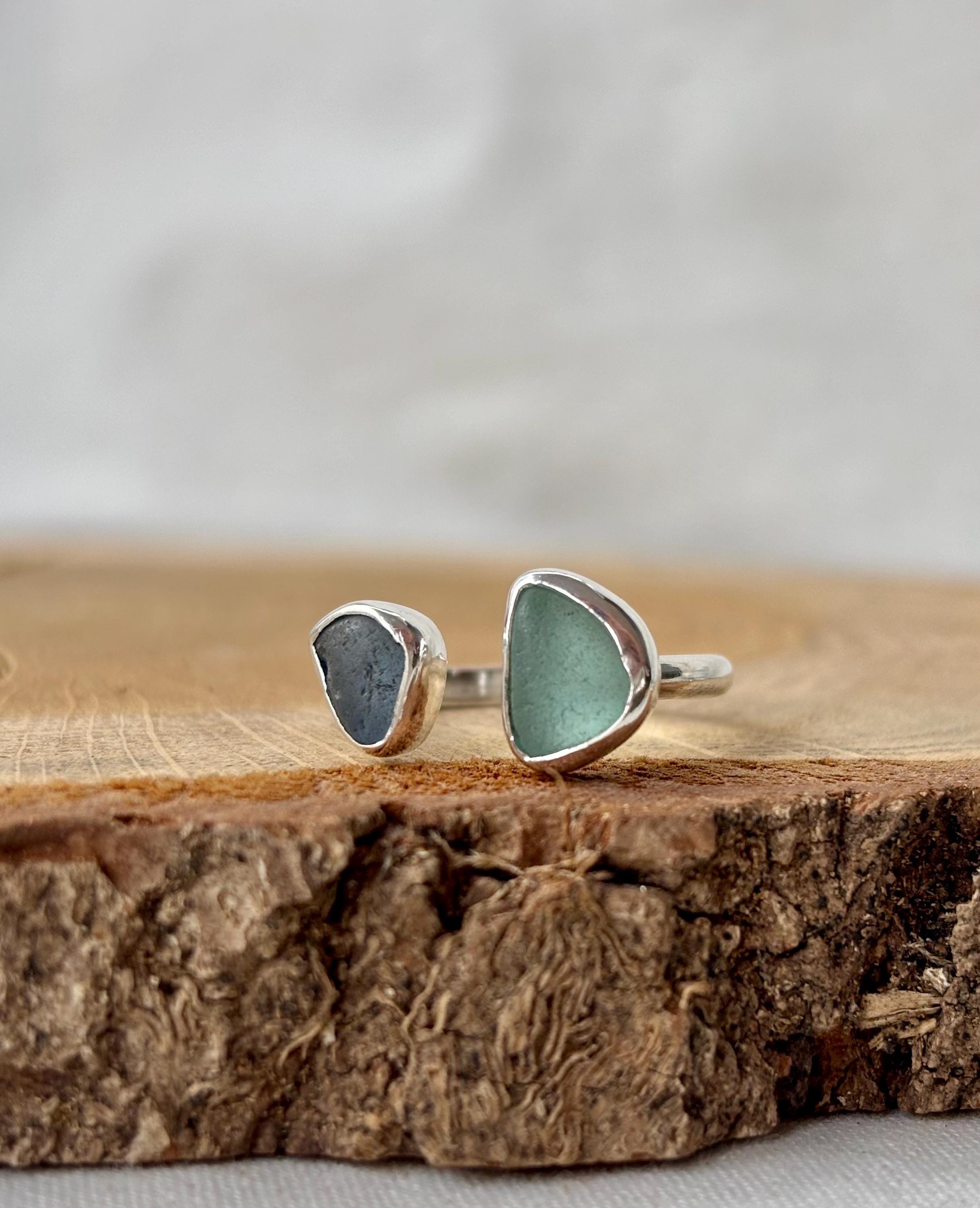 Blue sea glass adjustable ring, Dainty sea glass ring, Rate beach glass colour, Gift for her, Sea lover gift, Surf girl jewellery