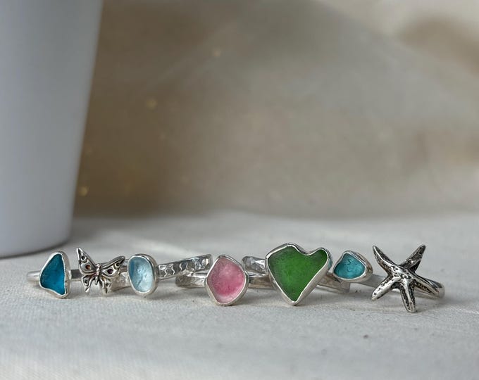 Personalized Sea Glass Ring: Engraved Sterling Silver Beach Jewelry
