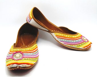 Ethnic Indian genuine leather Bridal shoes with embroidery Juti Khussa sandals flats slip on